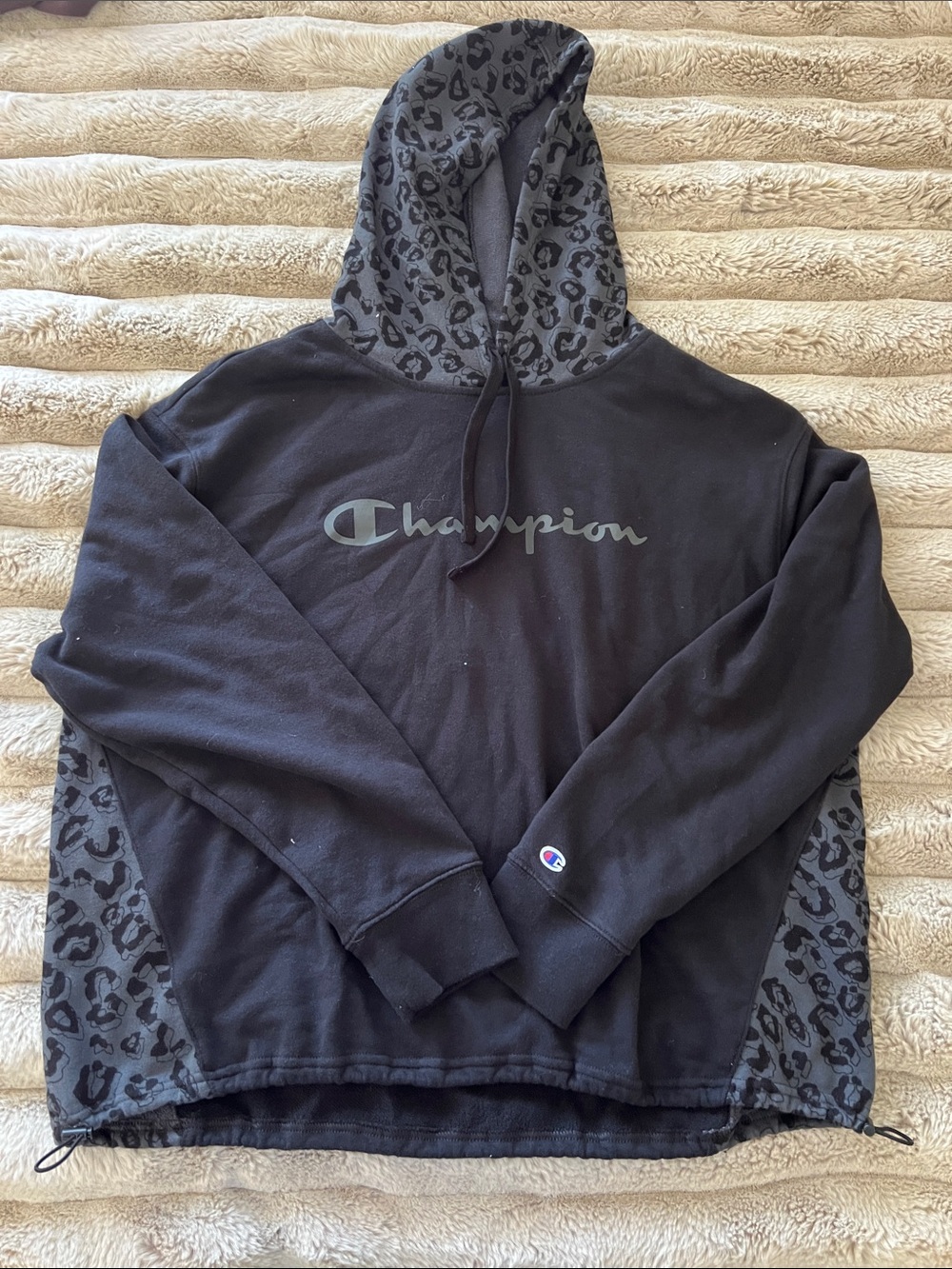 Women’s Champion Black Hoodie with Gray Leopard Panels/Hood